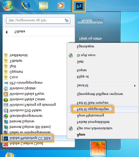 Windows 7 Når du har installert en Creative Cloud-applikasjon, legges det til en snarvei til applikasjonen på Windows-produktmenyene. Velg Start > Alle programmer, og klikk deretter på applikasjonen.