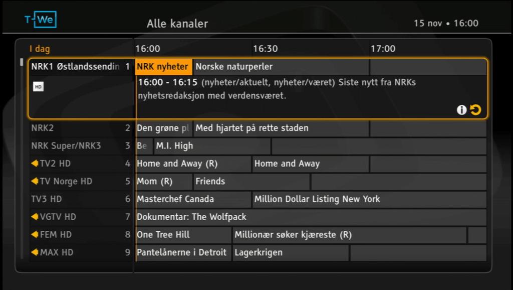 TV-guide Aktiver/bestill abonnement på T-We Plus TV-guiden viser programinformasjon for alle kanalene inntil 14 dager frem i tid.