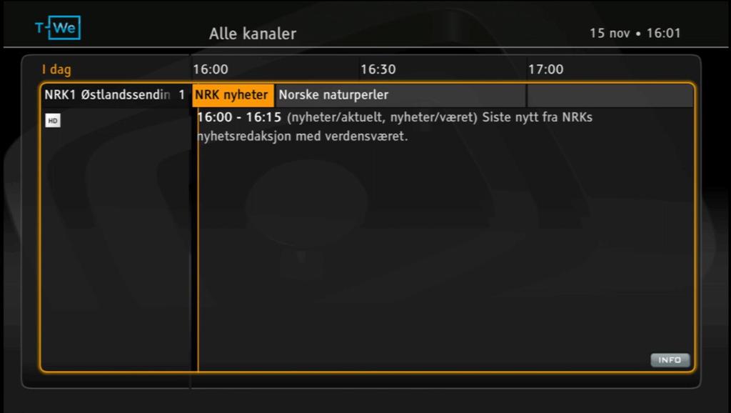 Du åpner TV-guiden ved å trykke på på fjernkontrollen. Det er også mulig å starte opptak både av programmer som går og programmer frem i tid direkte fra TV-guiden.