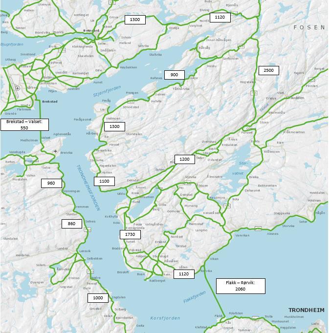 Figur 2-1: Årsdøgntrafikk for 2016 på utvalgte strekninger. Kilde: Statens Vegvesens vegkart.