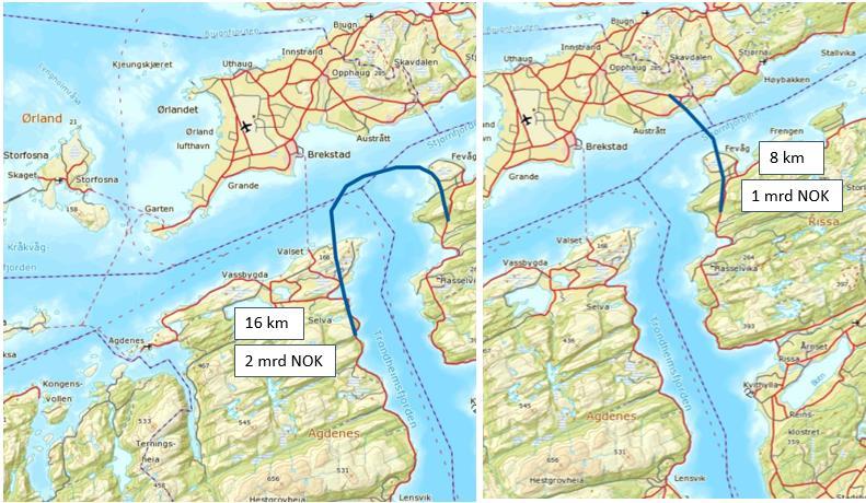 2.2. Kostnader og trasé for fergefri forbindelse under Ytre Trondheimsfjord og Stjørnfjorden Utbyggingen av de to tunnelene på henholdsvis 16 og 8 km under Trondheims- og Størnfjorden er anslått å