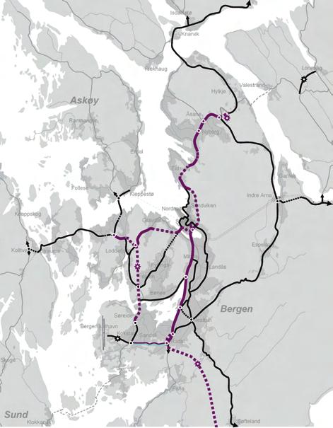 Utfra nye stamvegkriterier er Rv555 til Sotra og Rv58 til flyplassen nå inkludert. Figur 2.12 Firefelt/tofelt - dagens hovedvegnett i det sentrale Bergensområdet.
