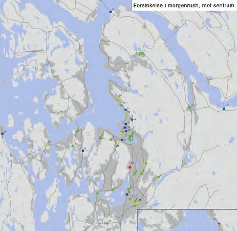 Målinger fra 27 viser at rushtidsforsinkelesen på viktige ruter i og rundt Bergen sentrum er på 5-8 prosent i forhold til teoretisk "fri flyt"-situasjon.