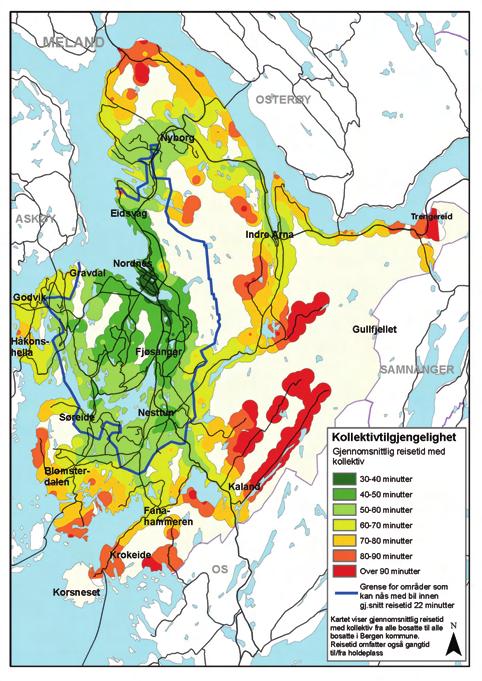 Reisevaneundersøkelsen 28 viste en gjennomsnittlig reisetid på 36 minutter for alle kollektivturer i Bergensområdet Tilgjengelighet Et areals tilgjengelighet måles ved å finne gjennomsnittlig