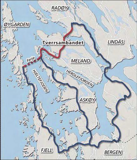 Kap2 - Situasjon og utfordringer Tverrsambandet I nord arbeides det for å fremme Tverrsambandet mellom Radøy, Meland, Askøy og Øygarden. Sambandet Vest AS ble stiftet 19.