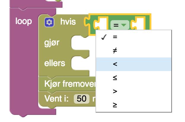 Vi må dermed lese fra avstandssensoren og avgjøre om bilen skal svinge eller ikke. Til det trenger vi en hviskloss, og en sammenlikningskloss.