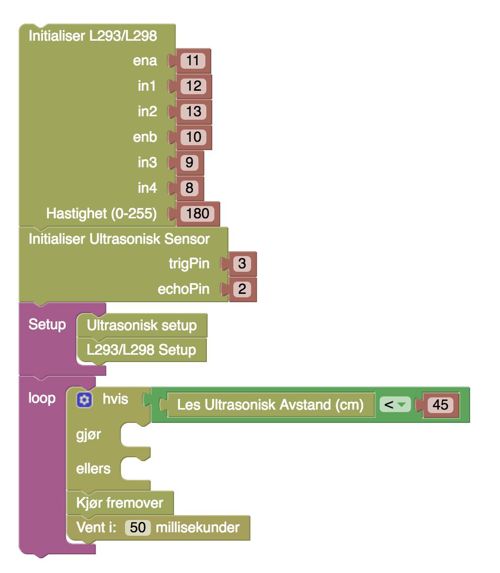 Inne i sammenlikningsklossen skal vi sjekke om avstanden vi leser fra avstandssensoren er mindre enn 45 cm. Til det trenger vi å trekke ut en les Ultrasonisk avstand-kloss og en verdi-kloss.