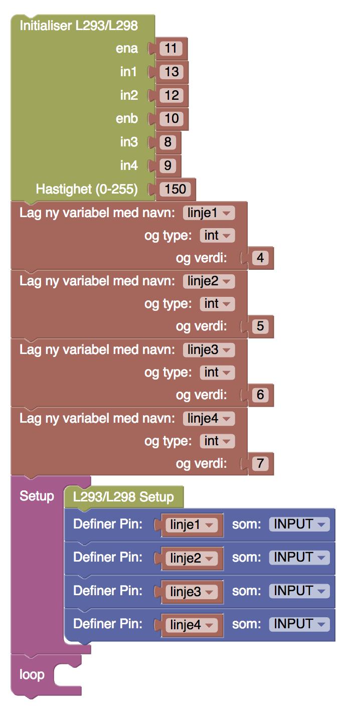 Deretter må vi legge til en ny variabel for hver av de fire linjesensorene, samtidig som vi må definere alle pinnene som INPUT. Linjesensorene har vi koblet til pin 4, 5, 6 og 7 på Arduinoen.