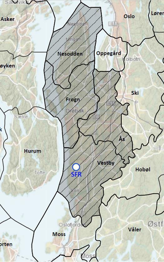 Figur 7 - Mulige (skraverte) fremtidige kommuner tilknyttet renseanlegget.