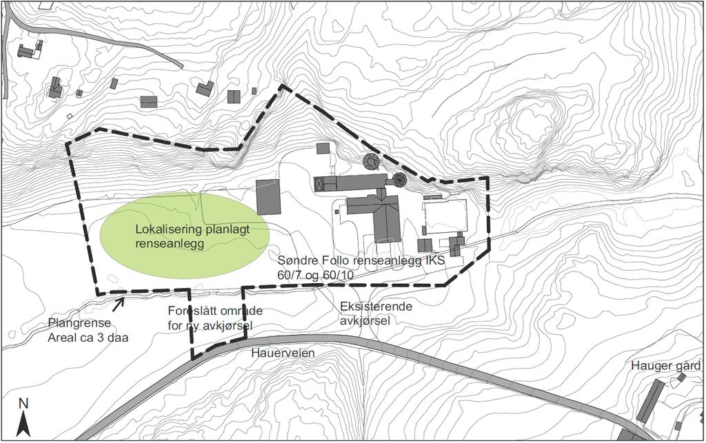Figur 10 - Kart over planområdet med fremtidig lokalisering av renseanlegg. Kilde: grunnkart fra Vestby kommune. 8.