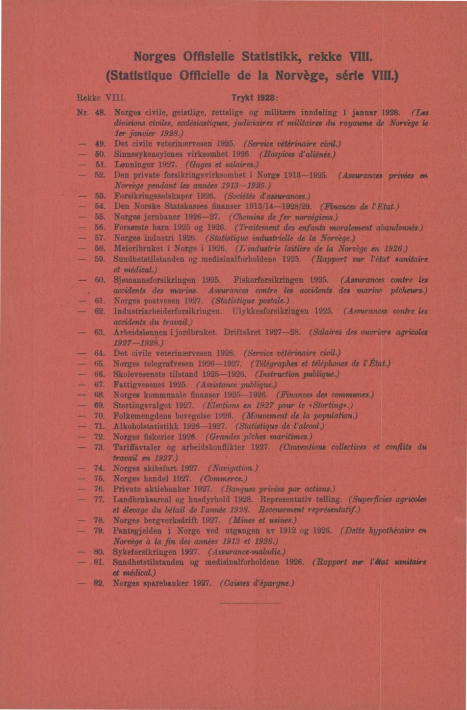 Norges Offisielle Statistikk, rekke VIII. (Statistique Officielle de la Norvège, série VIII.) Rekke VIH.Trykt : Nr.. Norges civile, geistlige, rettslige og militære inndeling januar.