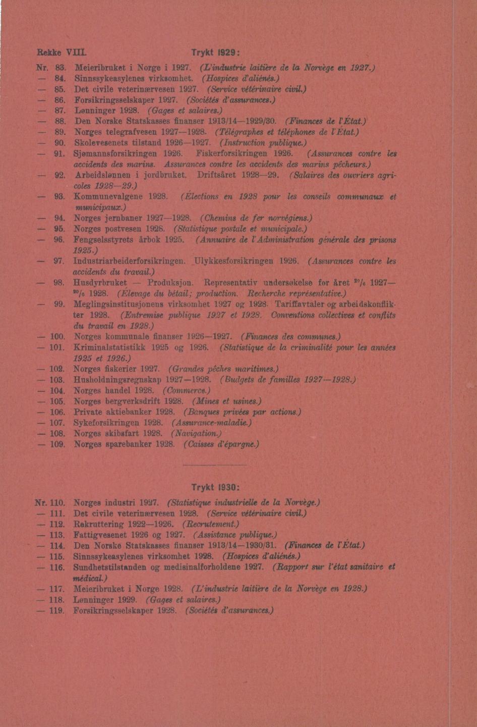 Rekke VIII. Trykt : Nr.. Meietibrnket i Norge i. (L'industrie laitière de la Norvège en.). Sinnssykeasylenes virksomhet. (Hospices d'aliénés.). Det civile veterinærvesen. (Service vétérinaire civil.). Forsikringsselskaper.