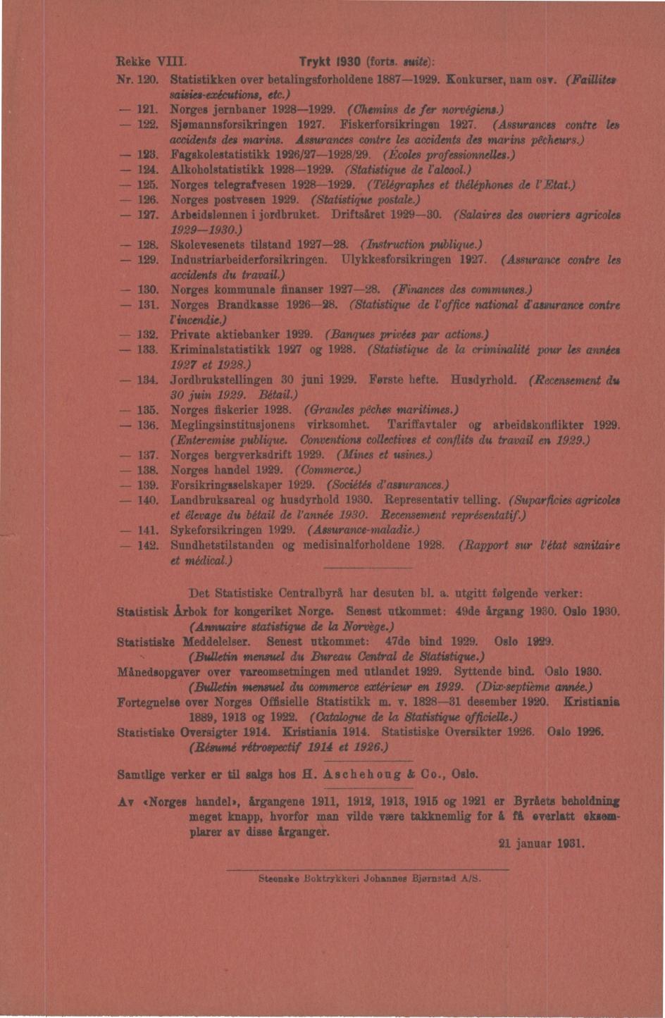 Rekke VIII. Trykt 0 (forts. suite). Nr. 0. Statistikken over betalingsforholdene. Konkurser, nam osv. (Faillites saisiesexécutions, etc.). Norges jernbaner. (Chemins de fer norvégiens.). Sjsmannsforsikringen.