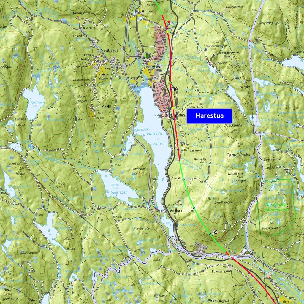 Detaljkart 1: Fra Nittedal grense til Viubråten. Norsk Bane AS. Dagstrekninger er inntegnet i rødt, broer i gult og tunneler i grønt. Kilometerangivelsene (blå merker) viser distansen fra Oslo S.