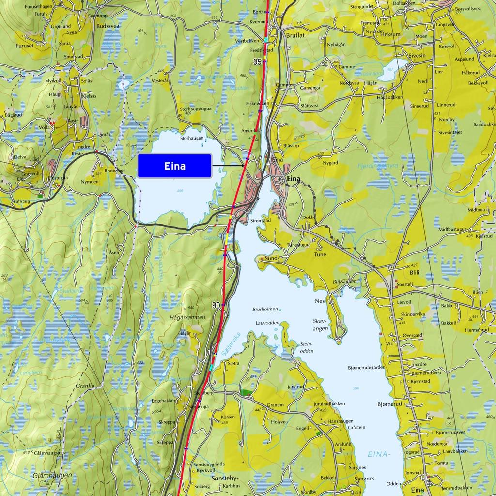 4.2 Gjennom Toten og Gjøvik, beskrivelse av anbefalt trasé Fra grensa mot Gran til Raufoss Fra nordportalen av den 5375 m lange tunnelen sør for Sønstebygrenda er det ca.