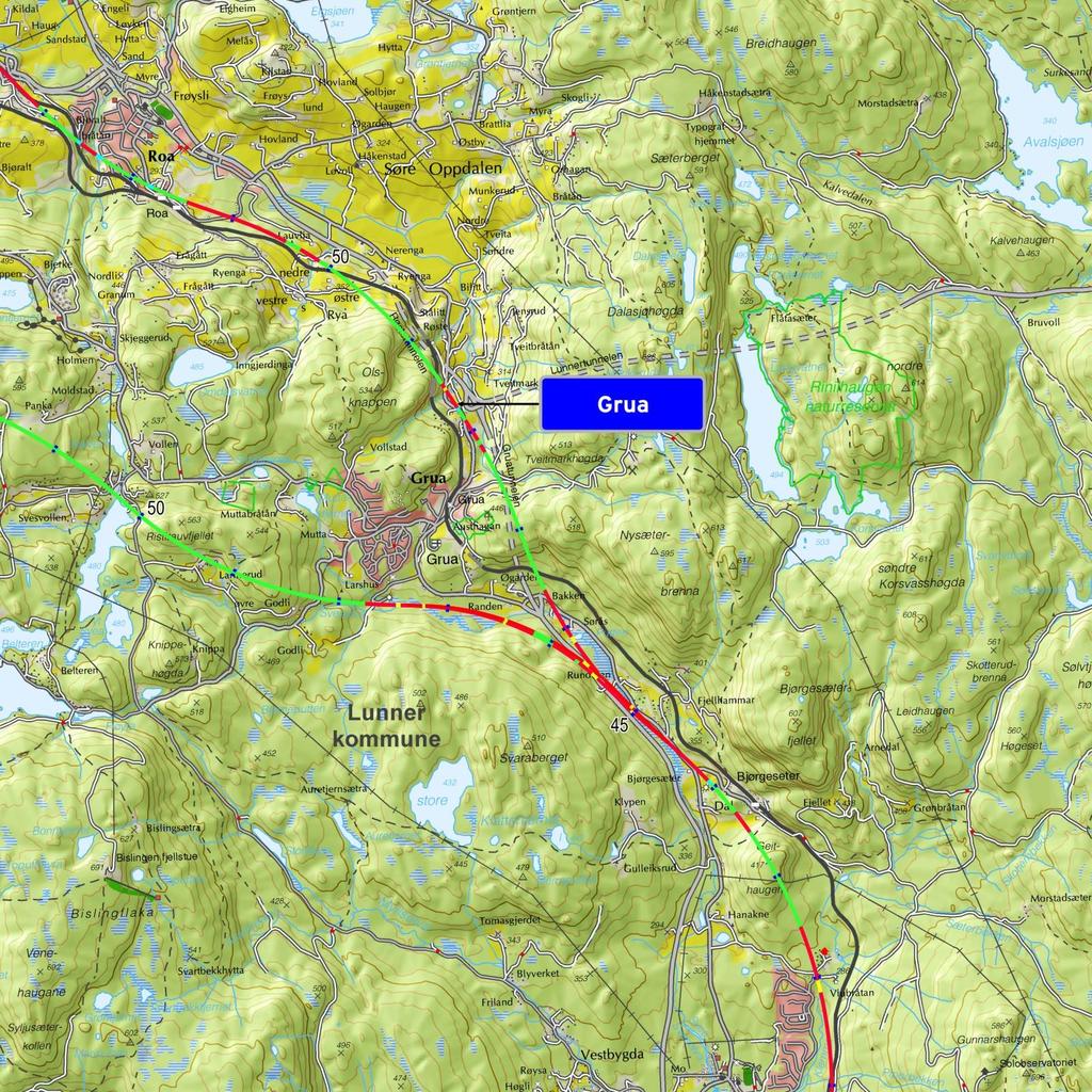 Detaljkart 12: Anbefalt trasé for avgreningen ved Bjørgeseter. Norsk Bane AS. Dagstrekninger er inntegnet i rødt, broer i gult, tunneler i grønt og kulverter i lyseblått.
