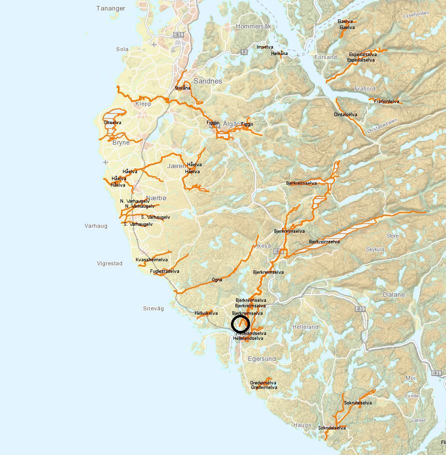 2. Metode 2.1 Områdebeskrivelse Bjerkreimsvassdraget (Vassdragsnummer 027.Z), som er et nasjonalt laksevassdrag, munner ut ved Egersund sør i Rogaland (Figur 1). Lakseførende strekning er ca. 79 km.