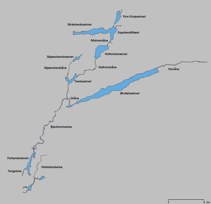 Storåna som er tilløpselv til Ørsdalsvatnet (Figur 2). Etter samløpet med Oråna, fortsetter Bjerkreimselva oppover til Svelavatnet ved Vikeså.