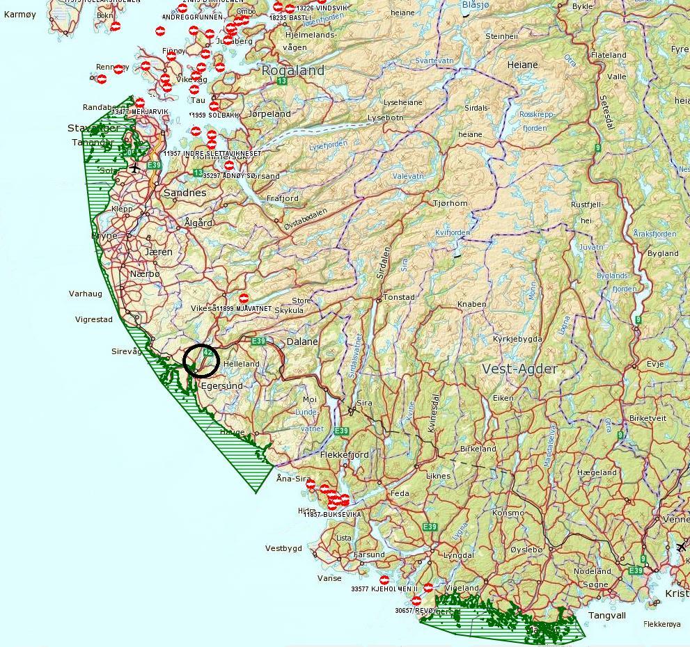 Store deler av kyststrekningen langs Sør-Vestlandet er definert som nasjonal laksefjord, (Kysten Jæren Dalane) også kysten der Bjerkreimsvassdraget har utløp (Figur 4).