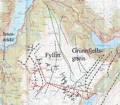 20.4 Figur 3. Geologisk oversiktskart med forslag til drenasjetunneler (Grimstad, E.2009). 3. Stabilitet av fjellpartiet Stampa - Joasete Beregning av stabiliteten i fjellpartiet Stampa er basert på antatt skjærstyrke i et antatt glideplan.