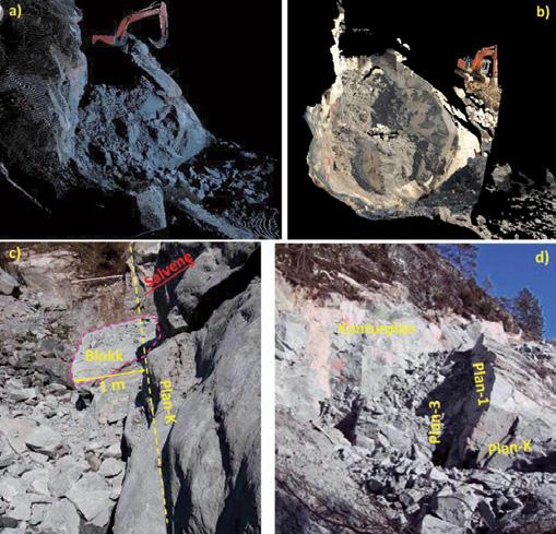 21.18 Figur 16 3-dimensjonalt bilde av sprengningsområdet fra laserskan a) før utgraving, b) etter delvis utgraving og avdekking av detaljer, c) og d) er fotografier av samme område.