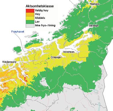 22.26 Figur 21: Eksempel på aktsomhetskart for steinsprangfare som kombinerer data om fryse og tineprosesser med regn og smeltevannsdata. Utsnittet gjelder historiske data fra 31.12.