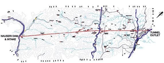 3.6 Plan og snitt over anlegget er vist på fig 3.6 og fig 3.7. Overføringstunnelen frem til kraftstasjon vil bli på vel 28 km og avløpstunnelen vil bli knapt 4 km.