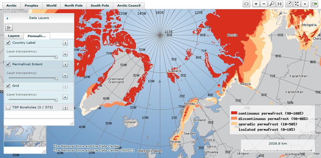 Figur 2-2 viser utbredelsen av permafrost i den nordlige hemisfære, og figur 2-3 viser utbredelsen av permafrost på Svalbard. Svalbard har et areal på omtrent 63.