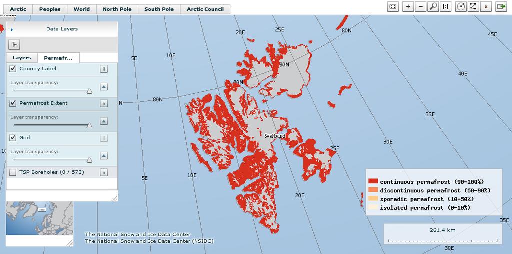 De røde områdene representerer områder med permafrost, mens de grå områdene representerer områder dekket med is. Som man ser av figur 2-3 er Svalbard dekket av kontinuerlig permafrost.