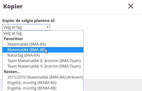 Velg hvilket undervisningsfag planen skal kopieres til og velg Kopier.