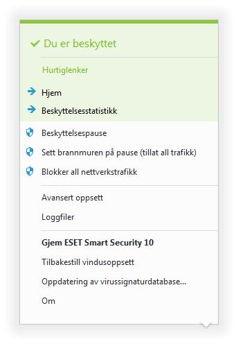 4.7.4 Programmeny Du får tilgang til noen av de viktigste oppsettsalternativene og funksjonene ved å høyreklikke ikonet i statusfeltet. Hurtiglenker viser de mest brukte delene av ESET Smart Security.