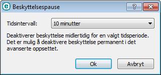 Beskyttelsespause Viser bekreftelsesdialogboksen som deaktiverer Virus- og spywarebeskyttelse, som beskytter mot skadelige systemangrep ved å kontrollere filer, Internett- og e-postkommunikasjon.