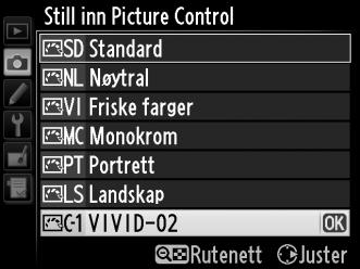7 Lagre endringene og avslutt. Trykk på J for å lagre endringene og avslutt. Den nye Picture Control vises på listen over Picture Controls.