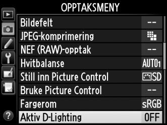For å bruke Aktiv D-Lighting: 1 Velg Aktiv D-Lighting i opptaksmenyen. Trykk på G-knappen for å vise menyene. Marker Aktiv D-Lighting i opptaksmenyen og trykk på 2. G-knapp 2 Velg et alternativ.