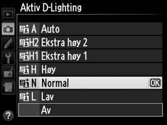 Hvis Y Auto velges vil kameraet automatisk justere Aktiv D-Lighting i henhold til J-knapp opptaksforholdene (med eksponeringskontroll h derimot, er Y Auto tilsvarende Q Normal).
