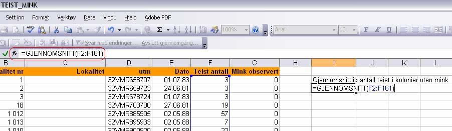 nederst i datafilen. Det blir nå enklere å beregne gjennomsnitt for antall teist i kolonier med mink og uten mink.