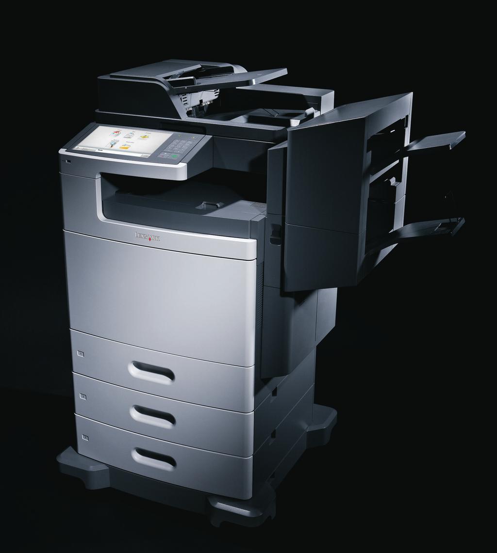 Lexmark XS796-serien fargemultifunksjonsskriver Skriveren er vist med tilleggsutstyr Jobb smartere. Profesjonelle farger.