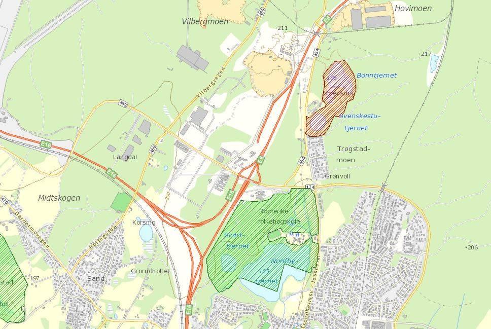 Figur 12: Området for Svenskestutjern naturreservat i øst og Nordbytjern landskapsvernområdet i sør. (Kilde: naturbase.no) (Kilde: naturbase.