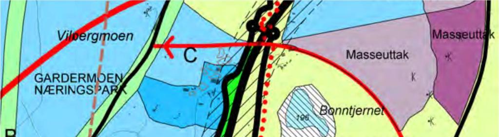 Langs E6 angir kommuneplanen en miljøsone med en bredde på 150 meter.