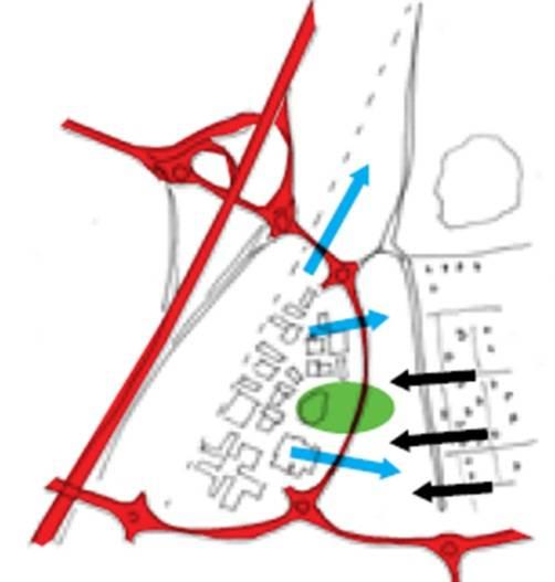 V23 med veglenker deler planområdet i tre forskjellige felter og vil oppleves som en barriere mellom Delområde 2 og 3.