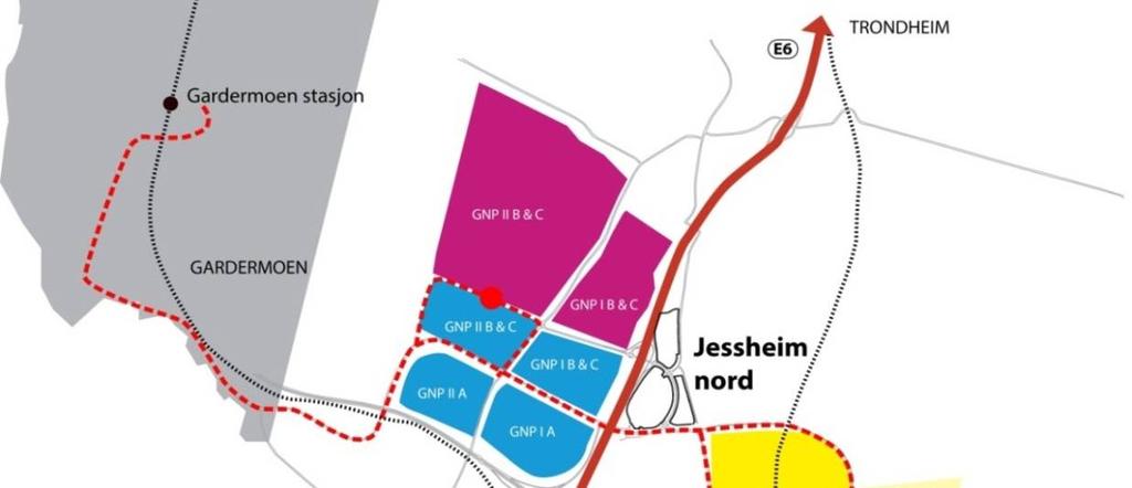 Figur 28: Illustrasjonen viser kollektivstrengen og planområdets plassering mellom Gardermoen næringspark og Jessheim.