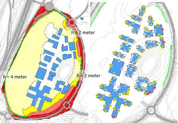 Figur 32: Beregnet støynivå uten støyskjerm i sør i Delområde 1. Støynivå er beregnet i 1,5 m høyde. Figuren til høyre viser fasadenivå i mest støyutsatte etasje.