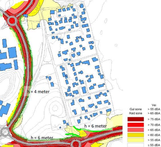 Med 4 meter høy støyvoll mot sørvest og 2 meter støyvoll mot nordøst, er det beregnet tilfredsstillende støynivå på det meste av uteoppholdsarealet mellom bygningene og rundt dødisgropen.