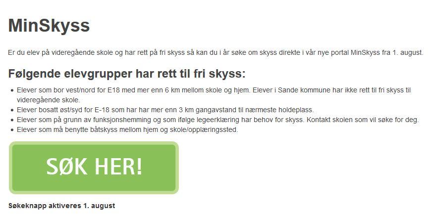 1. Gå inn på nettsiden /minskyss. Har du rett på fri skyss trykk på «Søk her!