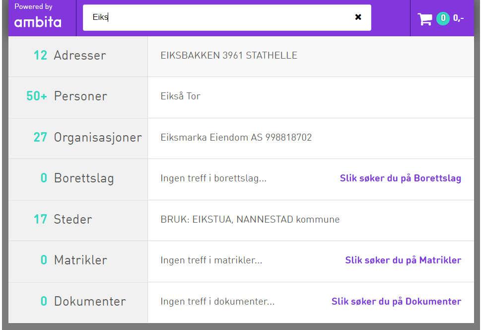 Hvordan søke opp og velge eiendom For å navigere seg frem til riktig eiendom gjøres det et søk i ettfelt-søkefeltet.