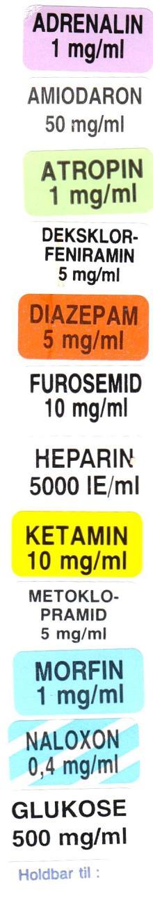 Alternativt hvite lapper med håndskrevet medikamentnavn og konsentrasjon.