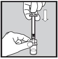 Hold den hvite stempelstangen inn og snu hetteglasset og sprøyten opp ned. Trekk den hvite stempelstangen SAKTE ut til 0,1 ml over foreskrevet dose.