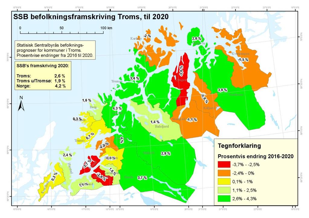 Rød farge indikerer en negativ befolkningsutvikling og grønn farge indikerer en positiv befolkningsutvikling. Frem til 2020 vil folketallet i Troms øke med 2,6 %, og 1,9 % i Troms u/tromsø.