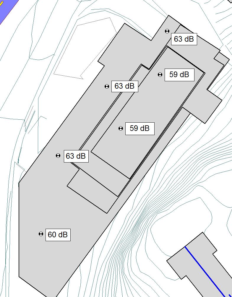 1,4 m høgt og tett rekkverk 1,2 m høgt og tett rekkverk Figur 6. Støynivå, Lden, på uteareal i 2. etasje og på takterrasse, før skjerming. Figur 7. Støynivå etter skjerming. 5.