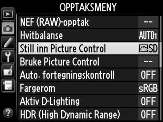 A Egendefinerte Picture Controls Egendefinerte Picture Controls lages ved å endre eksisterende Picture Controls med alternativet Bruke Picture Control i opptaksmenyen (0 134).